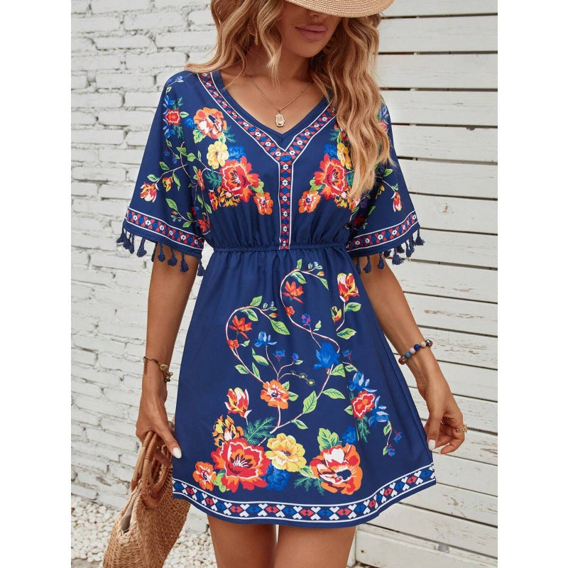 Esmeralda Fuentes | Bohemian Floral Print Mini Dress with Tassel Trim