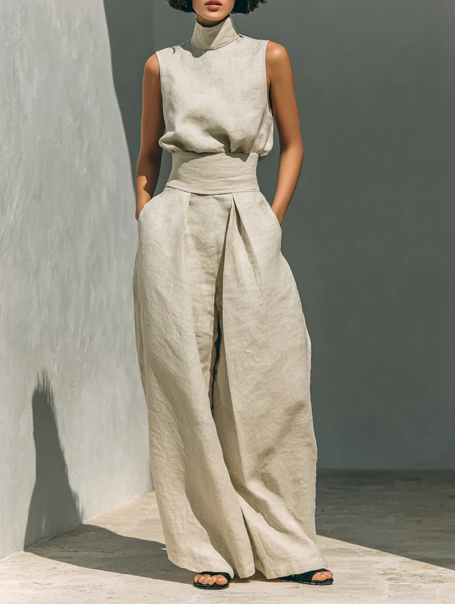 Nadia Serrano | Linen-Look Turtleneck Top & Wide-Leg Trouser Set