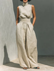 Nadia Serrano | Linen-Look Turtleneck Top & Wide-Leg Trouser Set