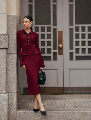 Penelope Green | Ribbed Knit Collared Midi Dress