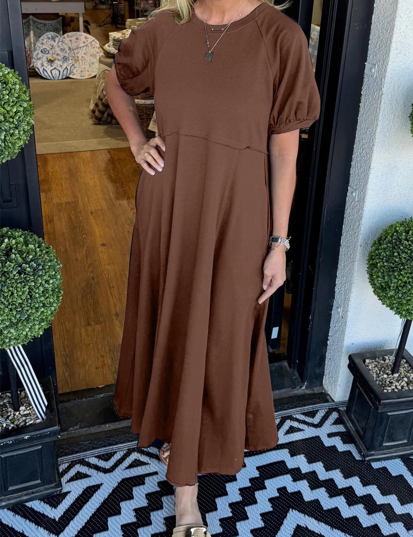 Millicent Hughes | Puff Sleeve Round Neck Maxi Dress