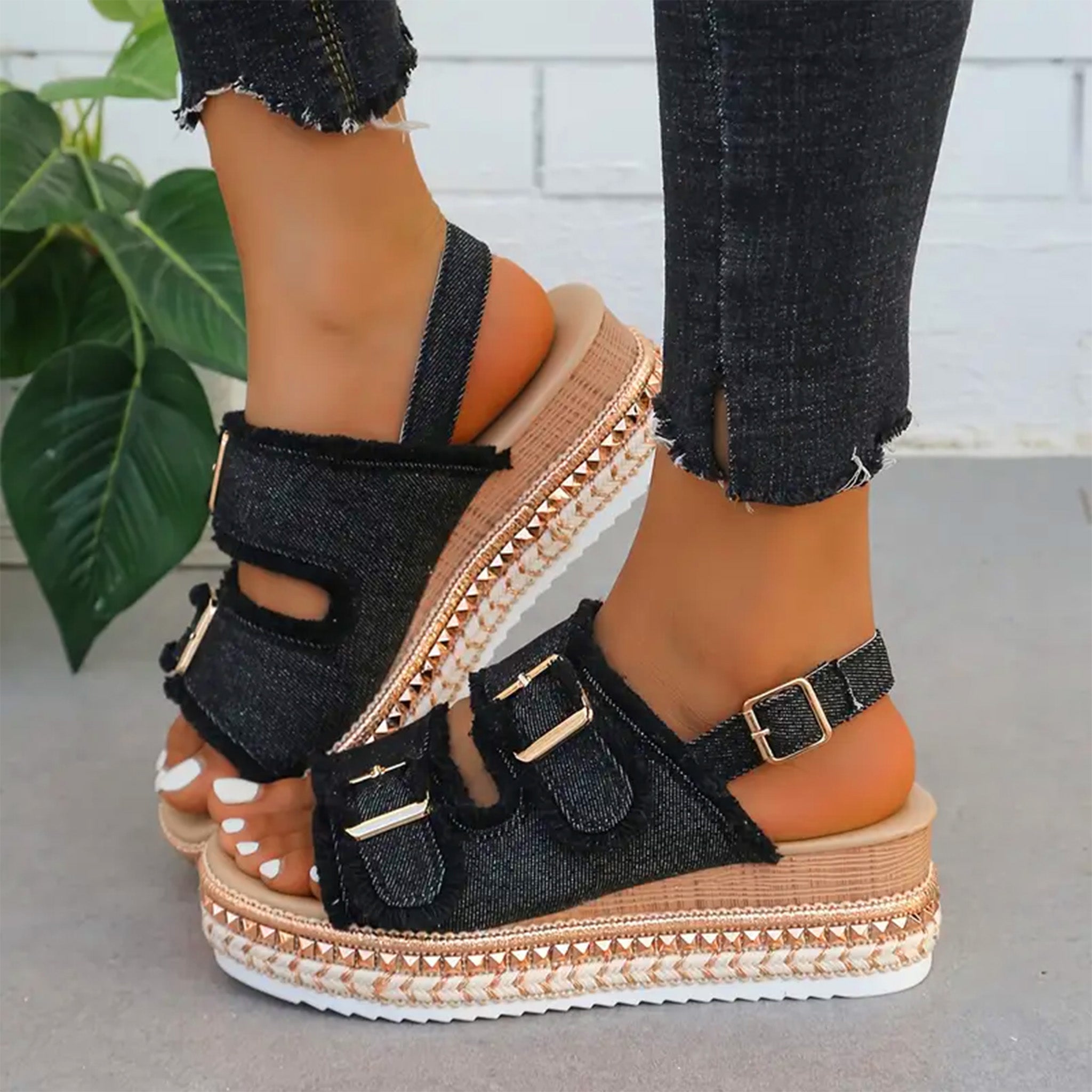 Rosie Edwards | Denim Platform Sandals with Espadrille Wedge