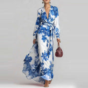 Isadora Veltri | Chiffon Floral Maxi Dress Deep V Lantern Sleeve