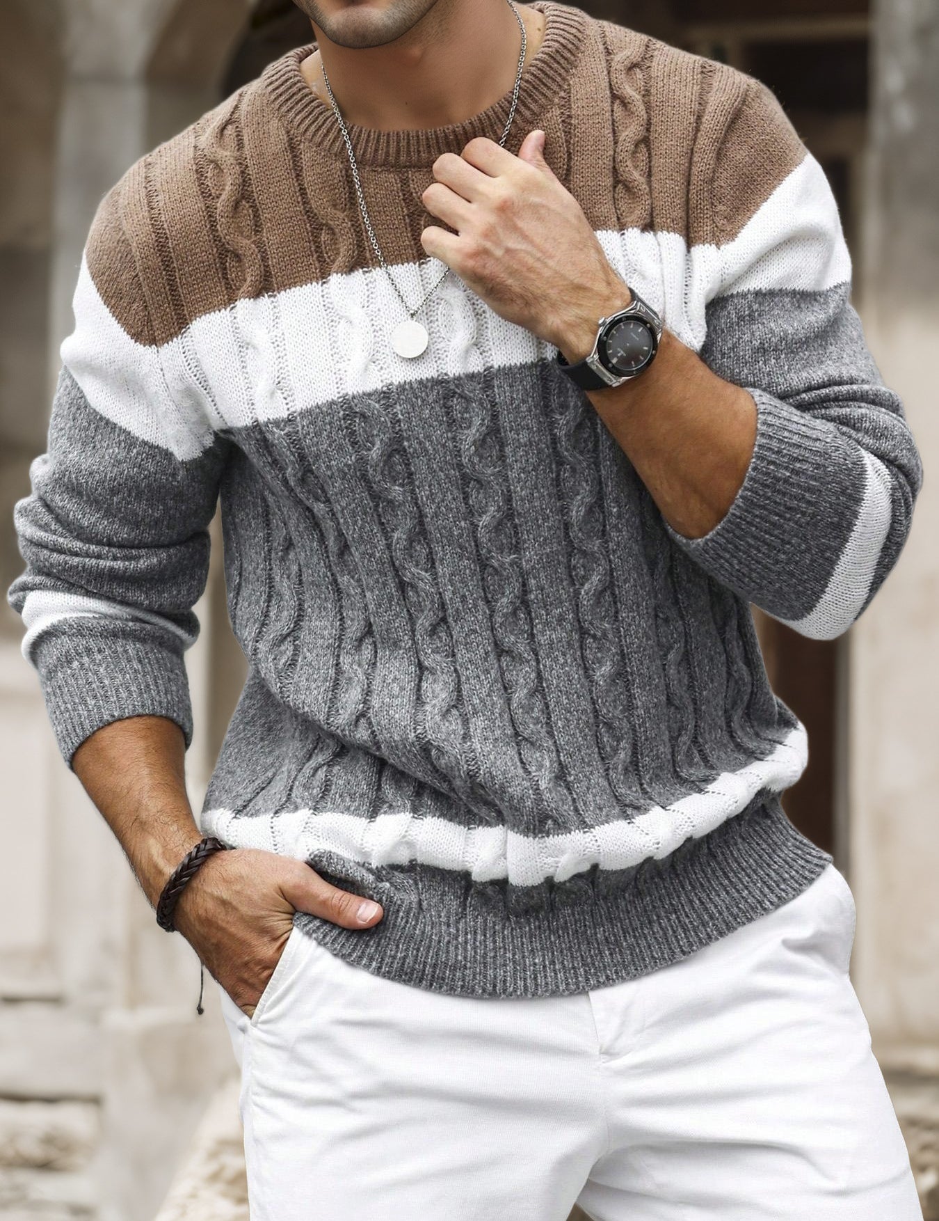 Alfred Kendall | Colour-Block Cable Knit Crew Neck Jumper