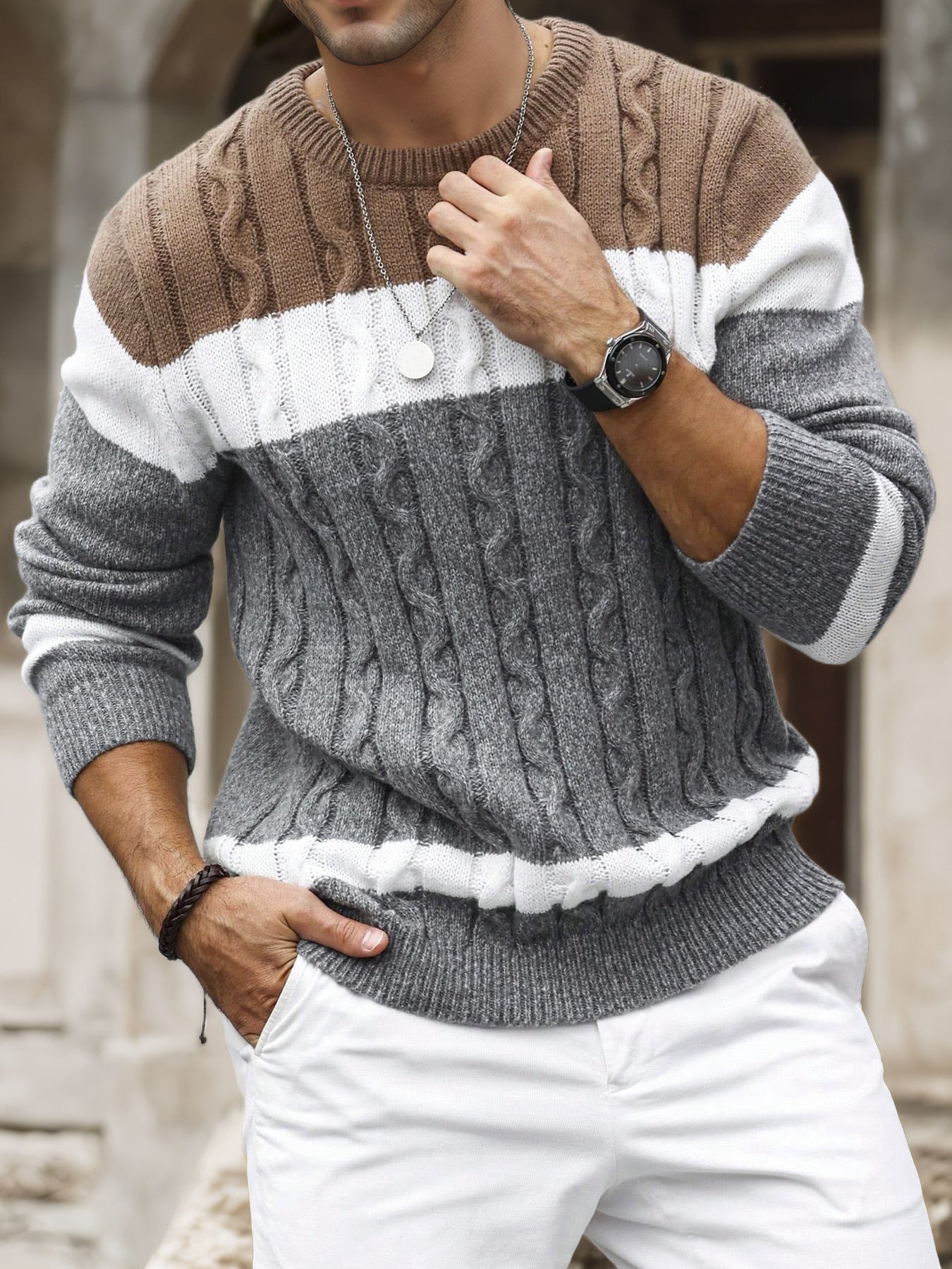 Alfred Kendall | Colour-Block Cable Knit Crew Neck Jumper