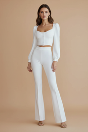 Rowan Fairchild | Button-Front Crop Top & Flared Pants Set