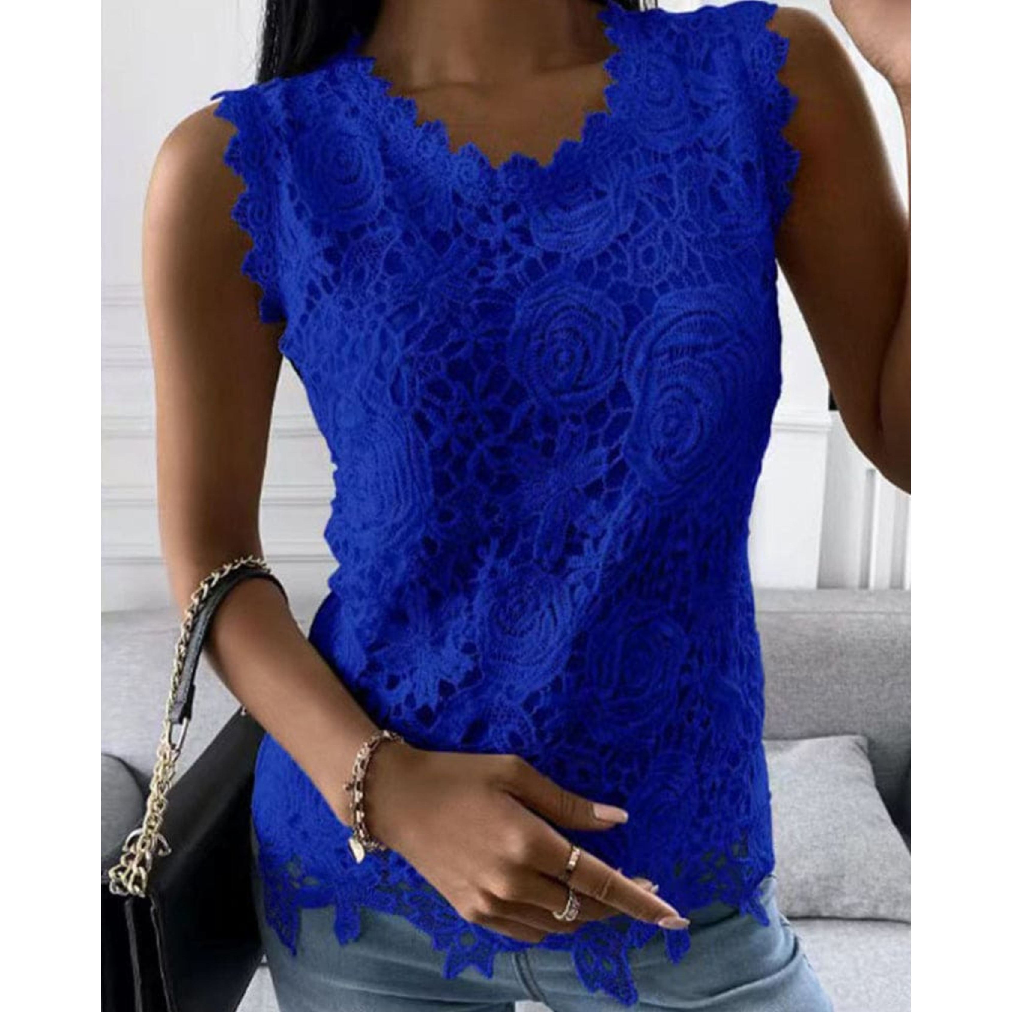 Cecilia Thompson | White Floral Lace Tank Top with Scalloped Edge