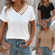 Felicity Morgan | V-Neck Cut-Out Stripe Detail Blouse