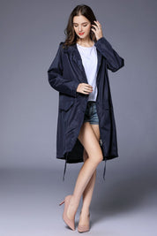 Victoria Wood | Drawstring Hem Hooded Raincoat in Navy