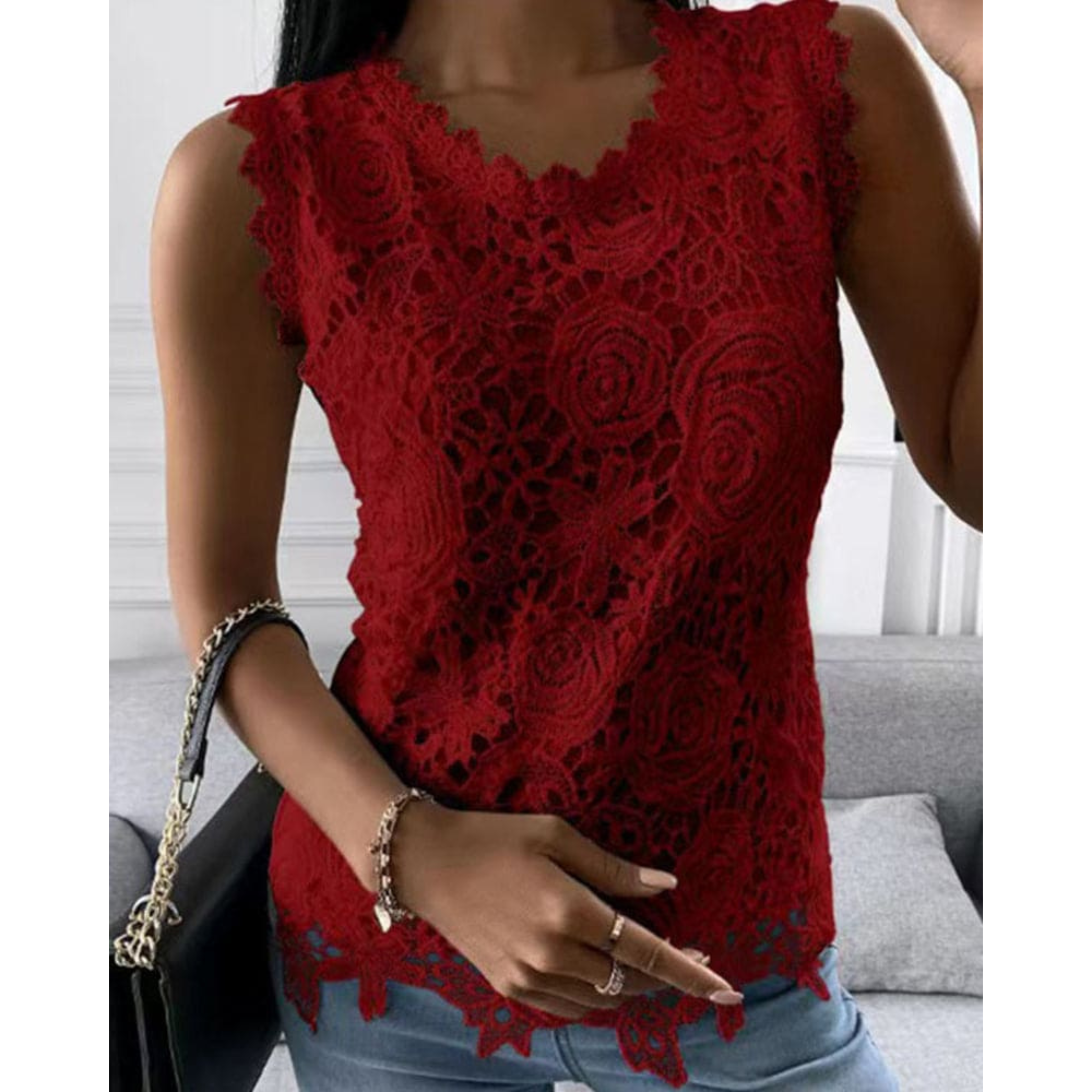 Cecilia Thompson | White Floral Lace Tank Top with Scalloped Edge