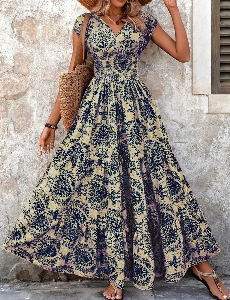 Cecily Wood | Tropical Leaf Print V-Neck Maxi Dress