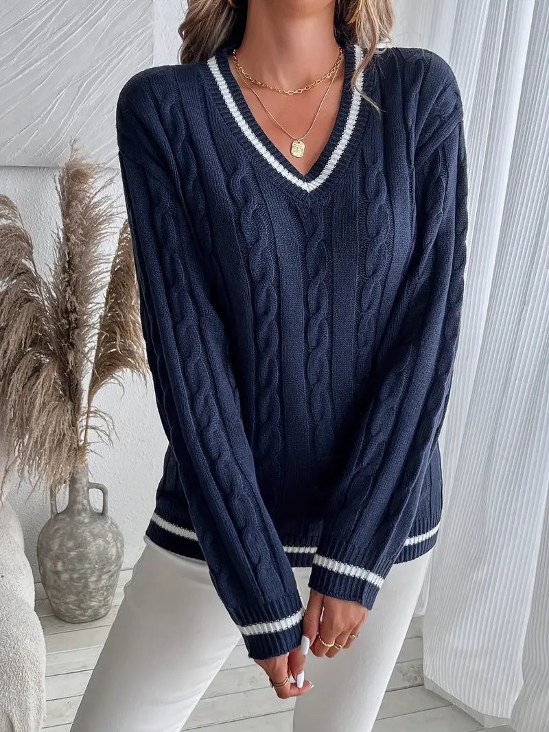 Georgina Wells | Cable Knit V-Neck Sweater with Varsity Trim