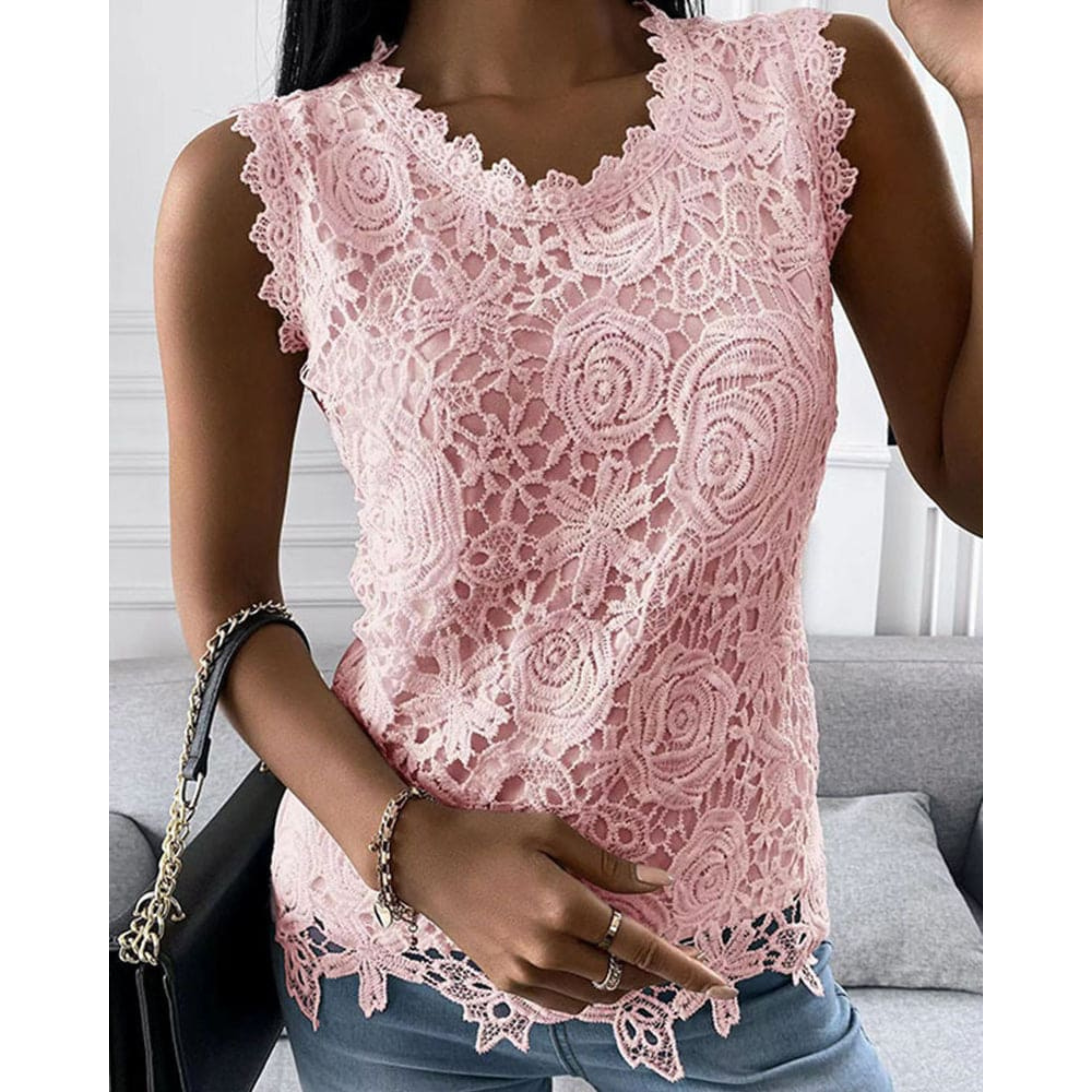 Cecilia Thompson | White Floral Lace Tank Top with Scalloped Edge