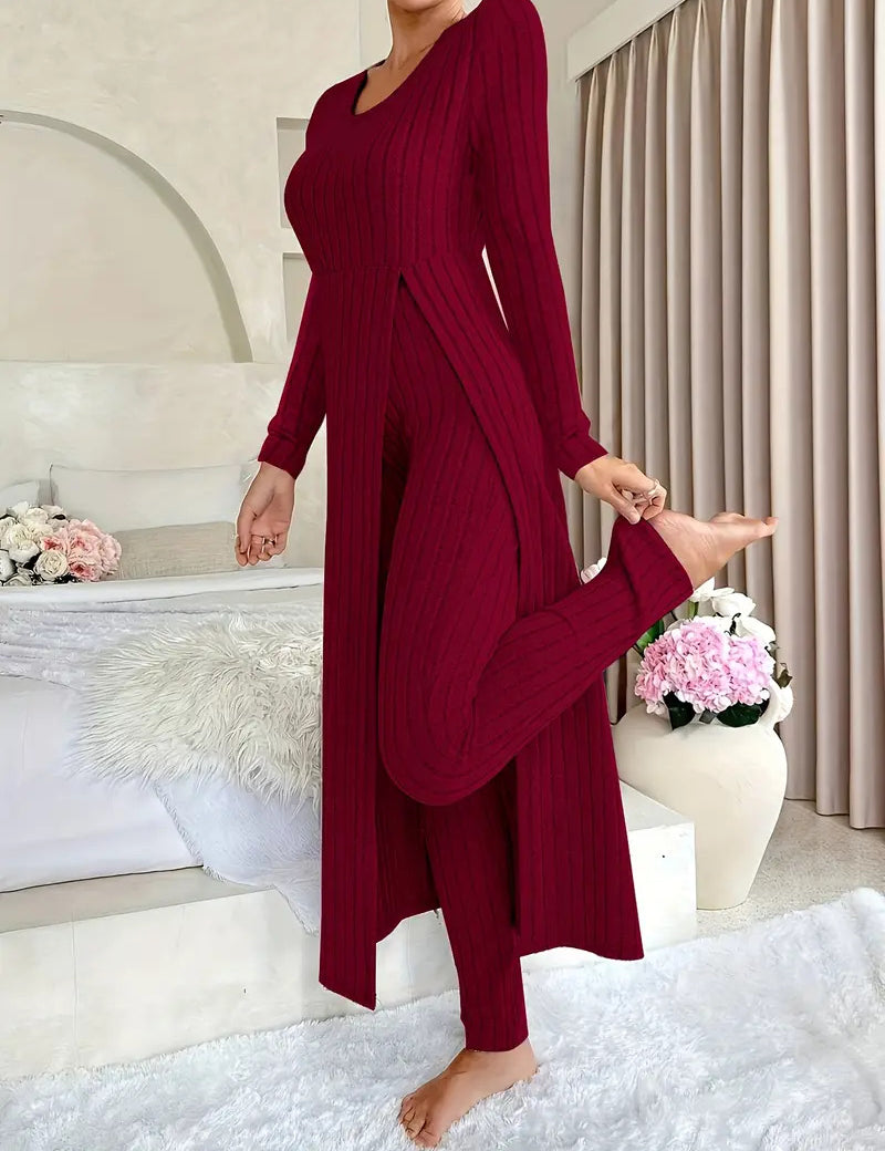 Clementine Kingsley | Ensemble cardigan long en maille côtelée et pantalon