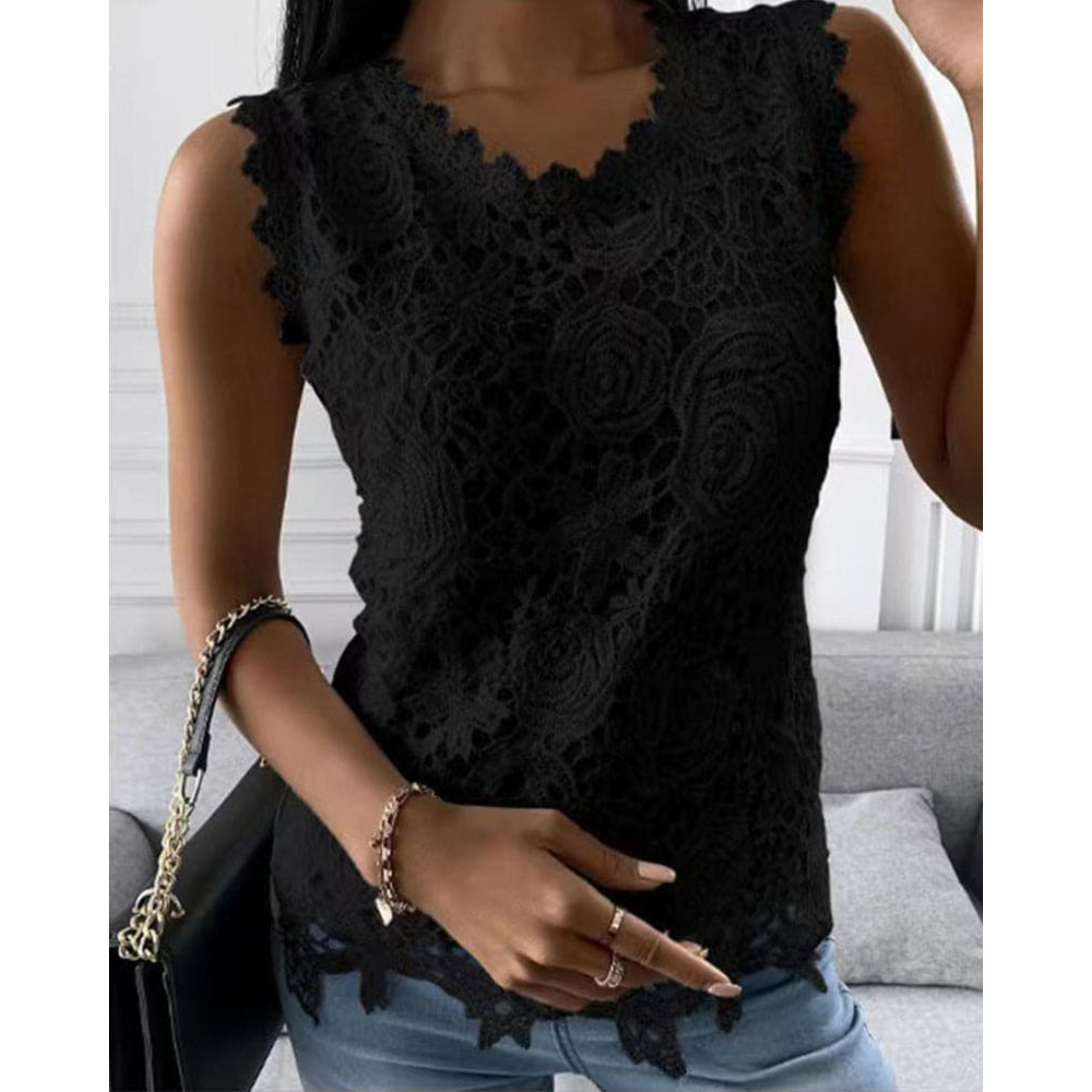 Cecilia Thompson | White Floral Lace Tank Top with Scalloped Edge