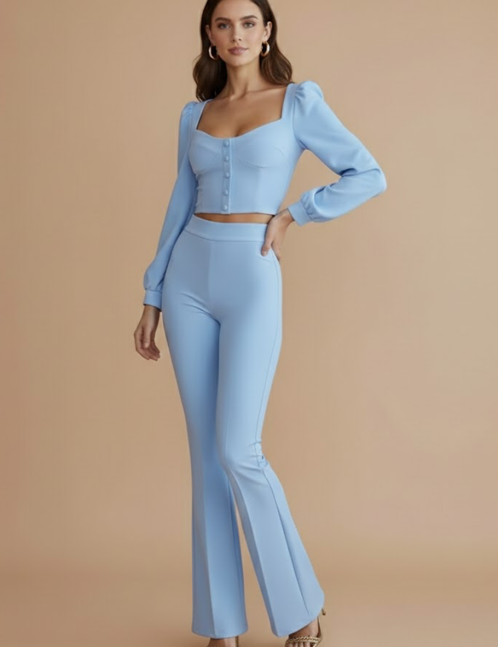 Rowan Fairchild | Button-Front Crop Top & Flared Pants Set