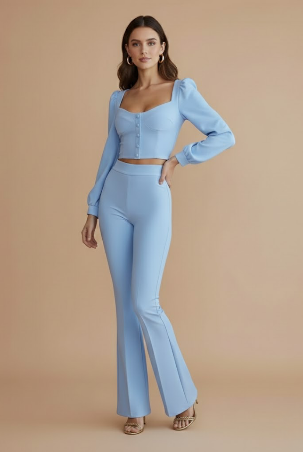 Rowan Fairchild | Button-Front Crop Top & Flared Pants Set