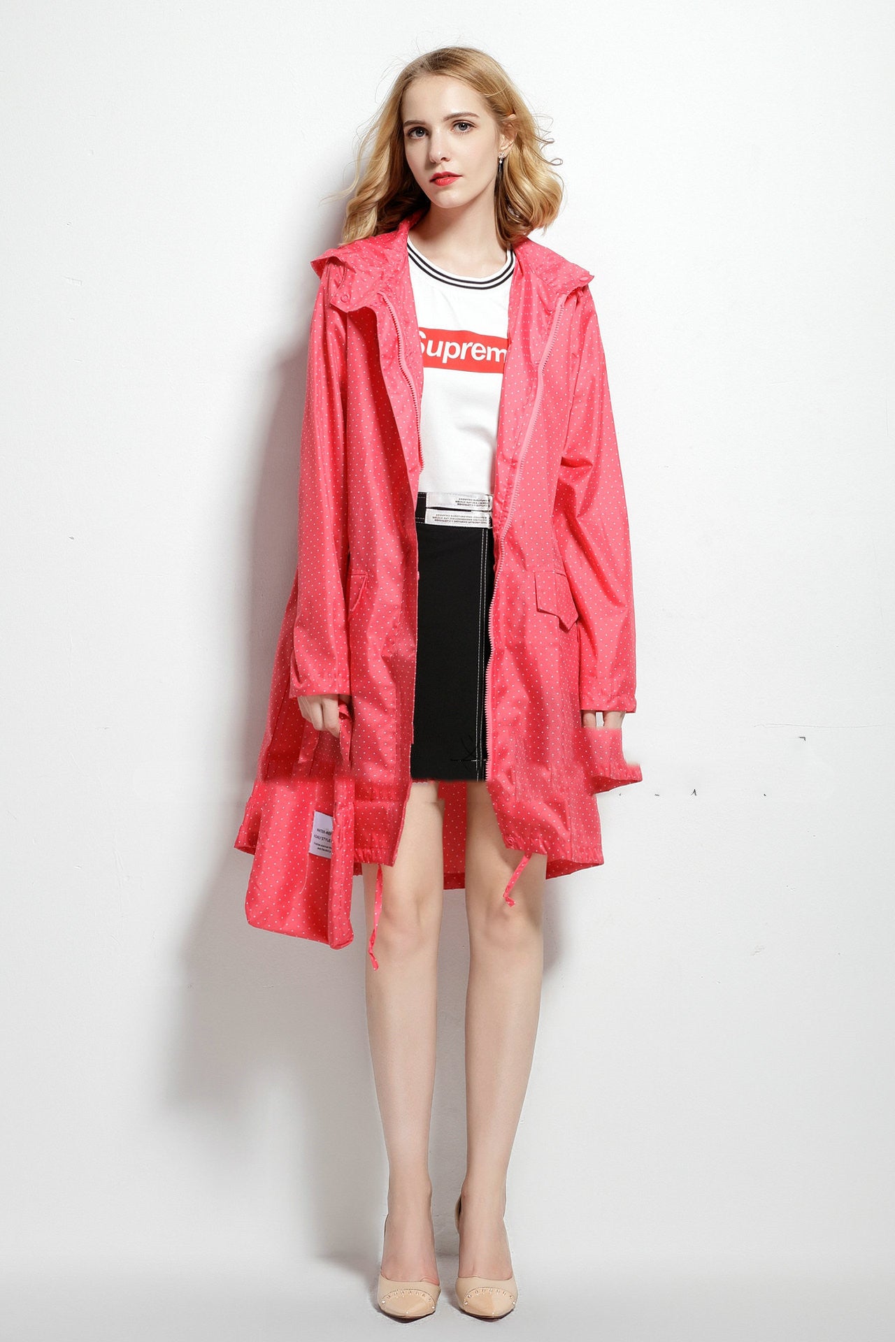 Victoria Wood | Drawstring Hem Hooded Raincoat in Navy