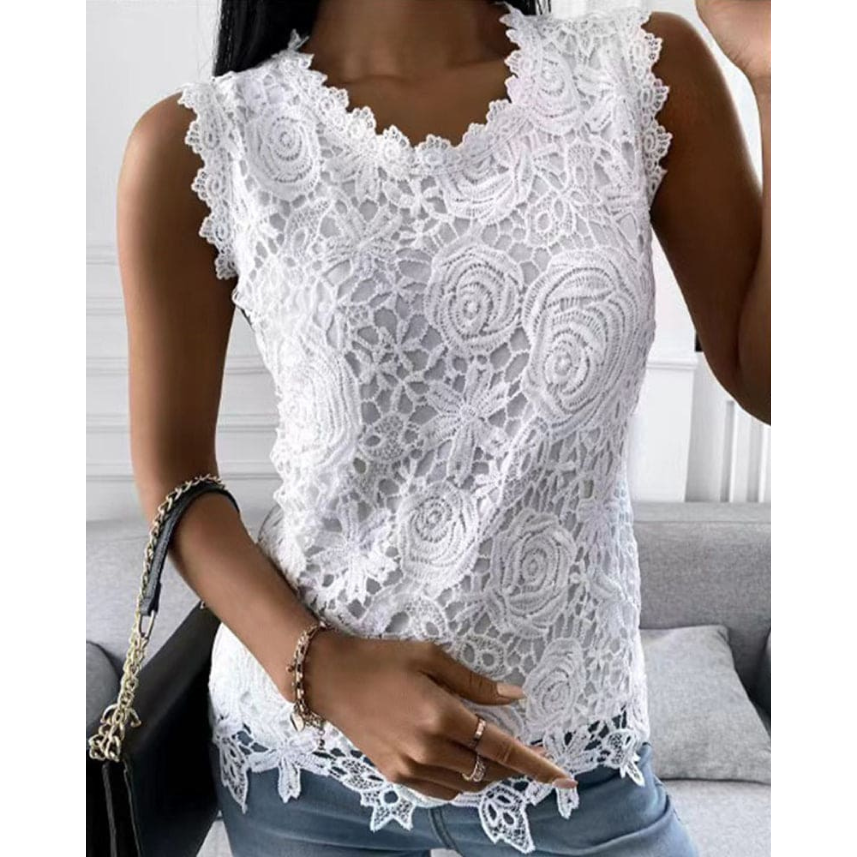 Cecilia Thompson | White Floral Lace Tank Top with Scalloped Edge