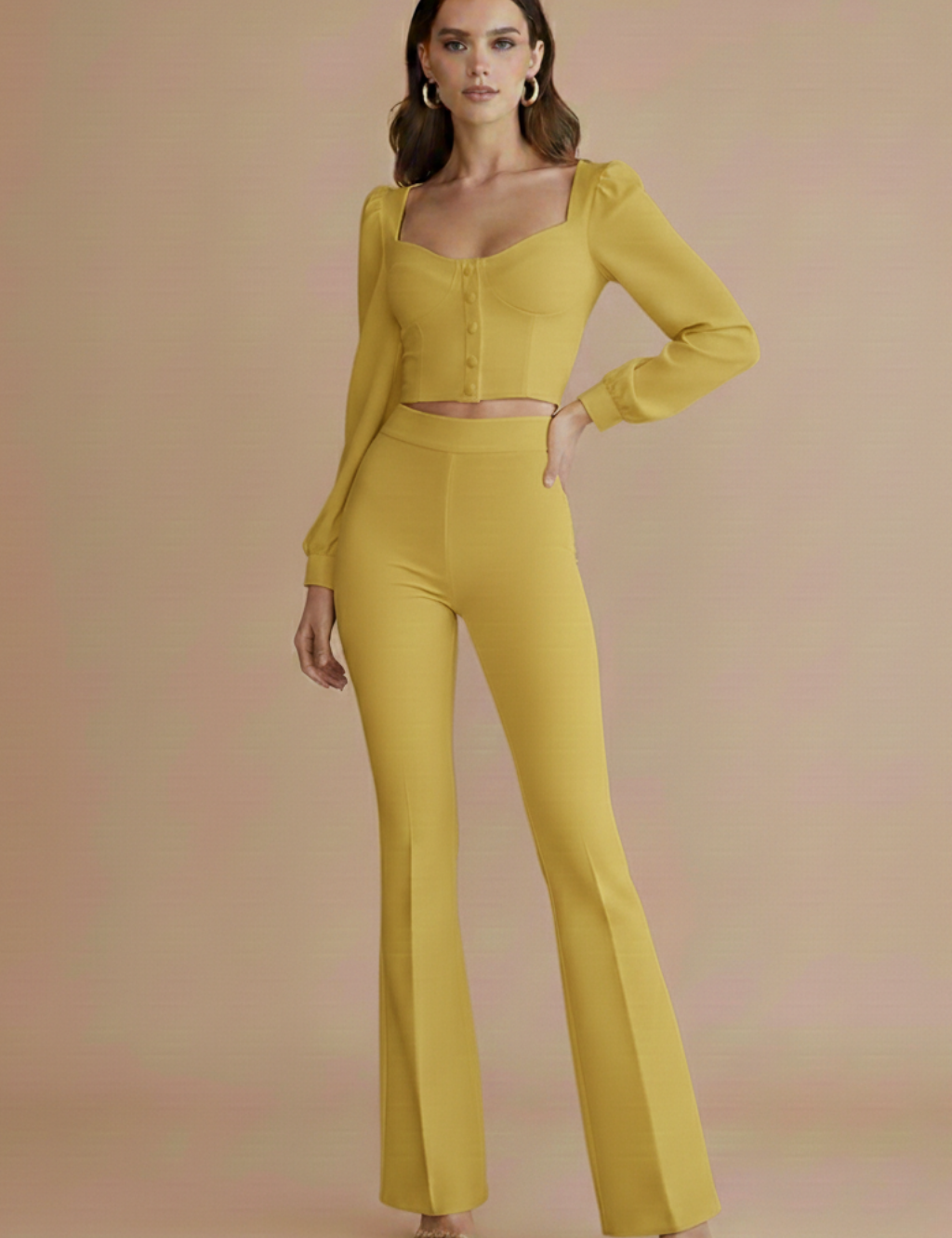 Rowan Fairchild | Button-Front Crop Top & Flared Pants Set
