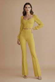 Rowan Fairchild | Button-Front Crop Top & Flared Pants Set
