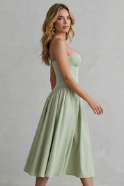 Eleanor Whitfield | Sage Green Corset Midi Dress – Structured Pleated
