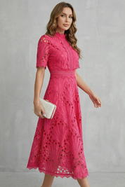 Arabella Courtney | Ornate Lace High-Neck Midi Dress in Fuchsia Pink