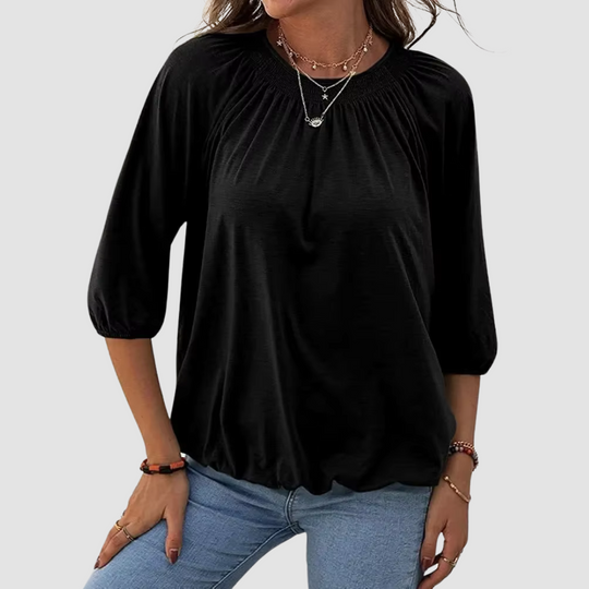 Nora Fairbanks | Smocked Neckline Top With 3/4 Sleeves
