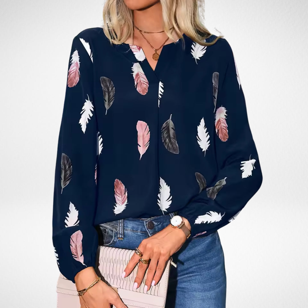Georgia Marlowe | Feather Print Blouse With Bishop Sleeves