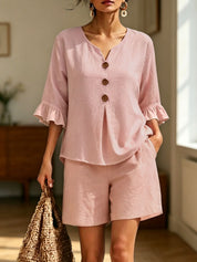 Freya Thornton | Linen Two-Piece Shorts Set with Ruffle Sleeve Detail