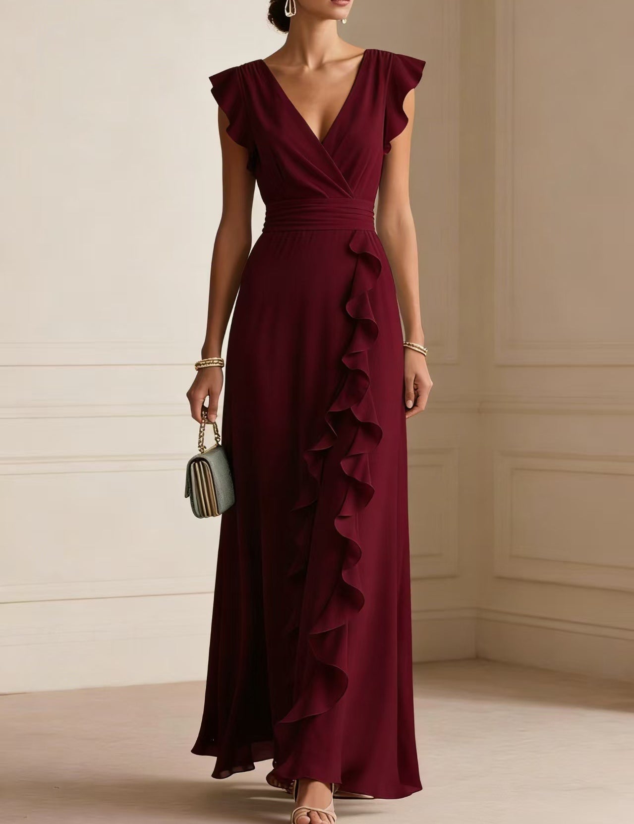Rosie Griffiths | Sage Ruffle Maxi Dress with V-Neckline