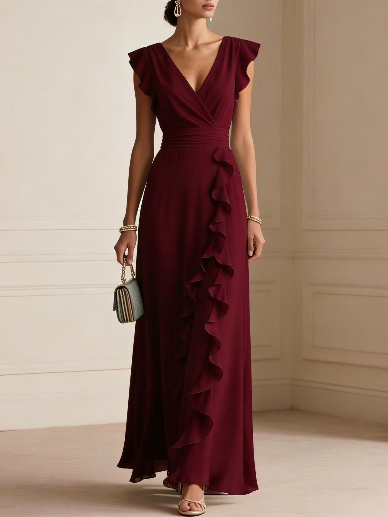 Rosie Griffiths | Sage Ruffle Maxi Dress with V-Neckline