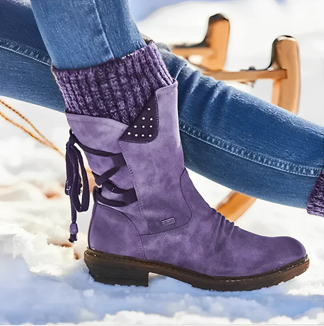 Tabitha Reynolds | Bottes d’hiver violettes à lacets et poignets en maille tricotée