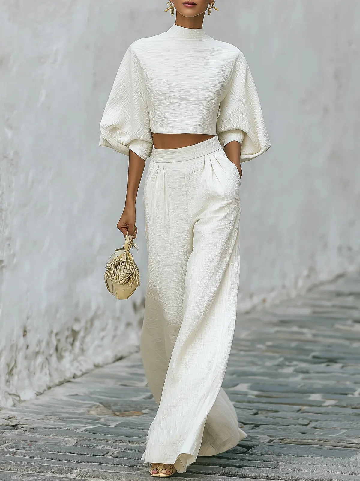 Théa Montclair | White Textured Crop Top & Wide-Leg Trouser Set