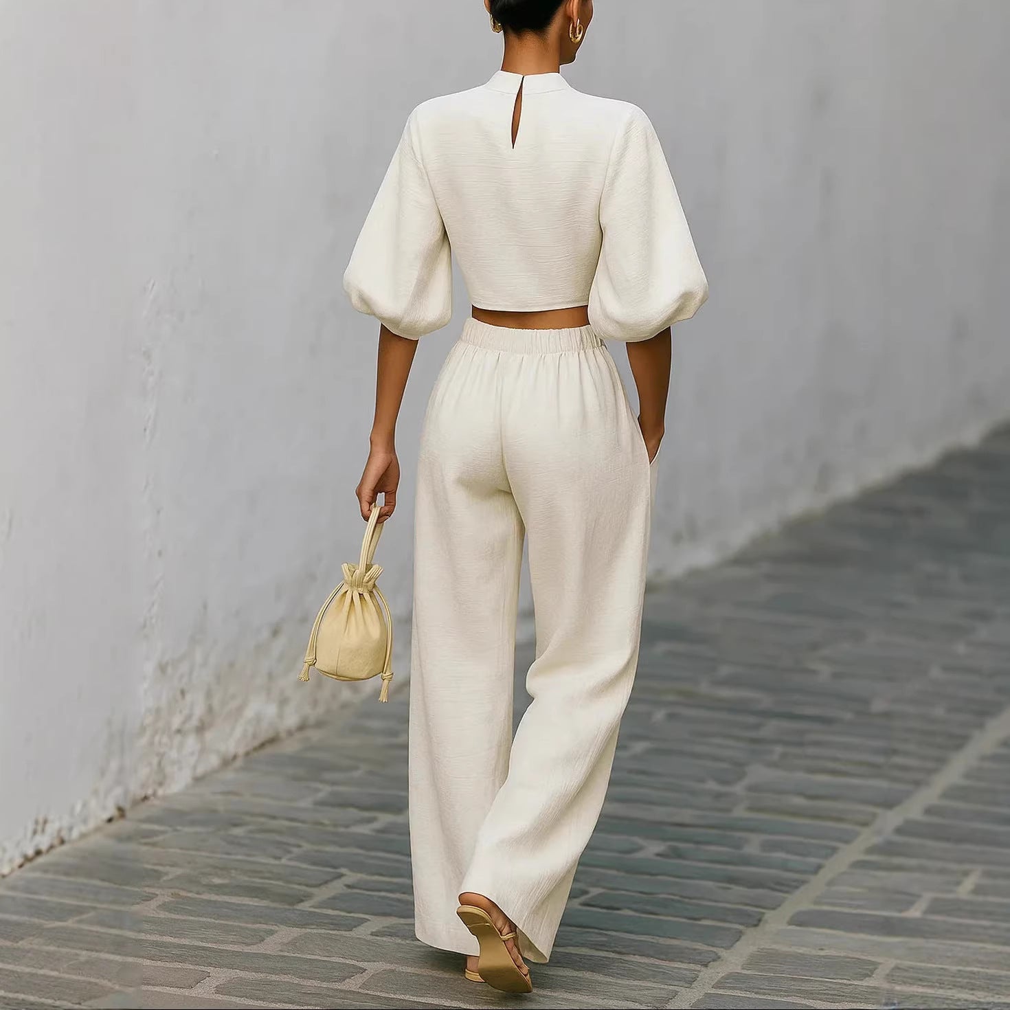 Théa Montclair | White Textured Crop Top & Wide-Leg Trouser Set