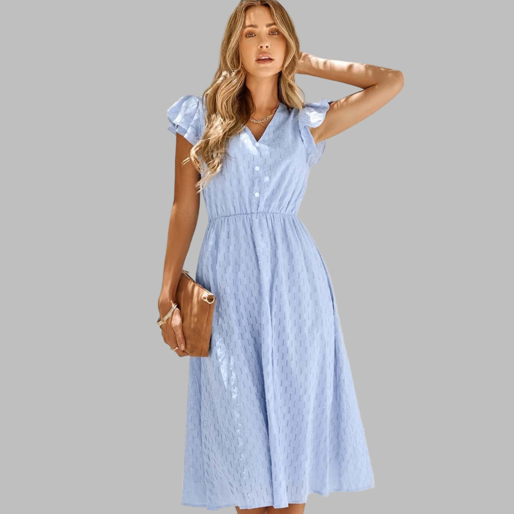 Audra Monroe | V-Neck Flare Ruffled Midi Dress