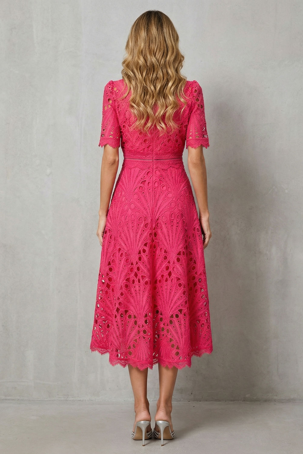 Arabella Courtney | Ornate Lace High-Neck Midi Dress in Fuchsia Pink
