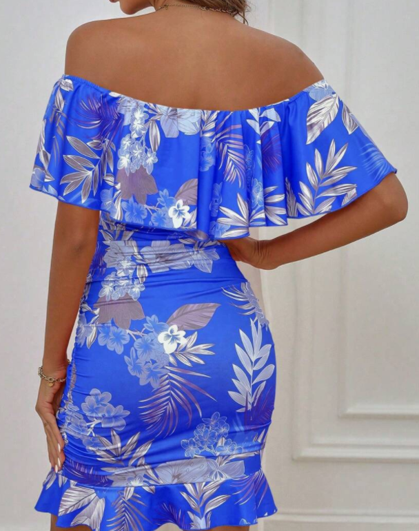 Marigold Hastings | Robe midi fleurie à épaules dénudées et volants
