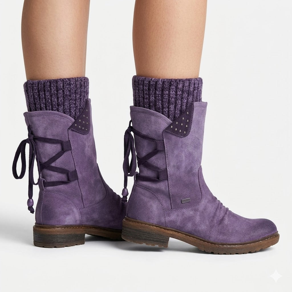 Tabitha Reynolds | Bottes d’hiver violettes à lacets et poignets en maille tricotée