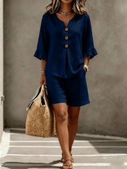 Freya Thornton | Linen Two-Piece Shorts Set with Ruffle Sleeve Detail