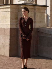 Penelope Green | Ribbed Knit Collared Midi Dress