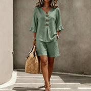 Freya Thornton | Linen Two-Piece Shorts Set with Ruffle Sleeve Detail