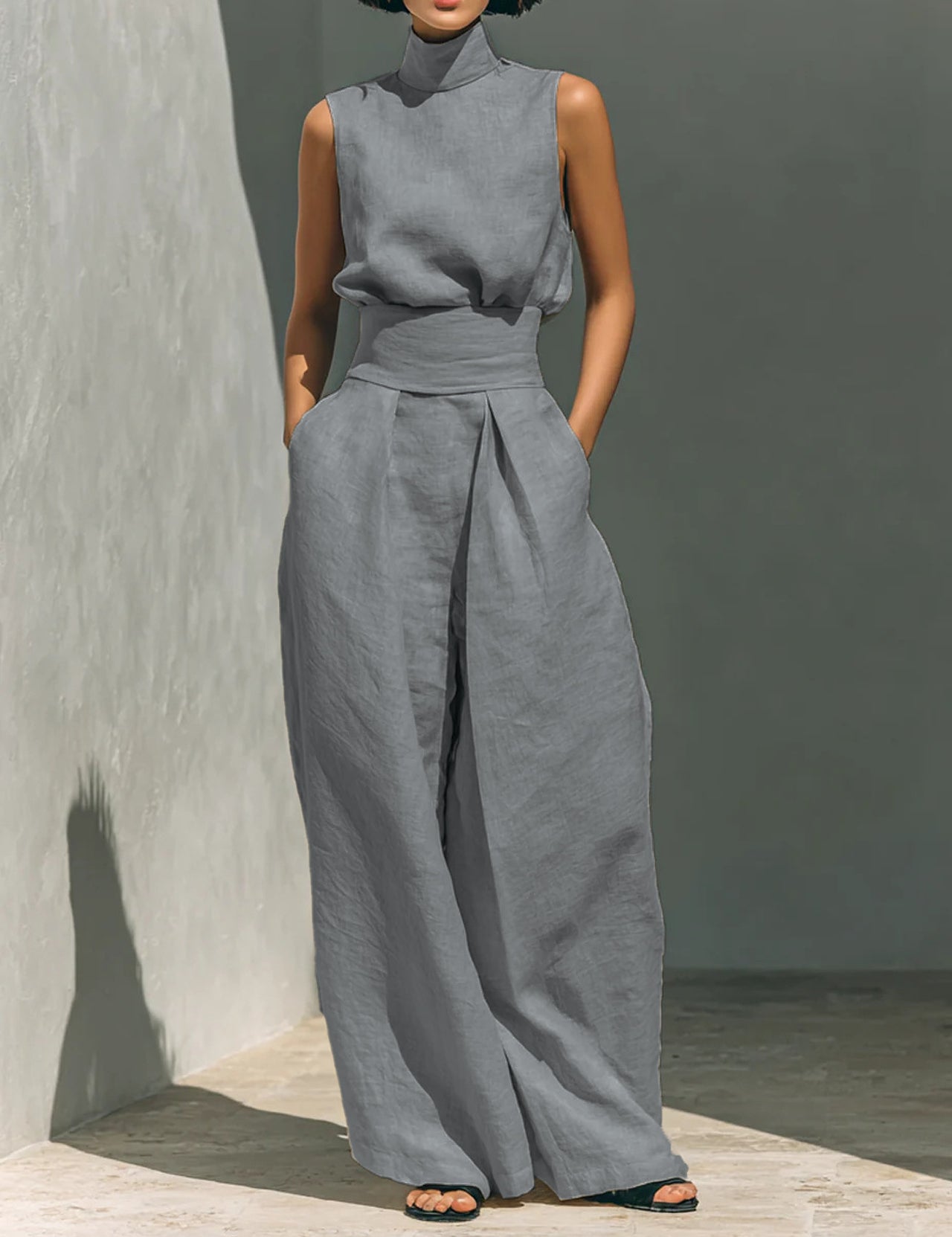 Nadia Serrano | Linen-Look Turtleneck Top & Wide-Leg Trouser Set