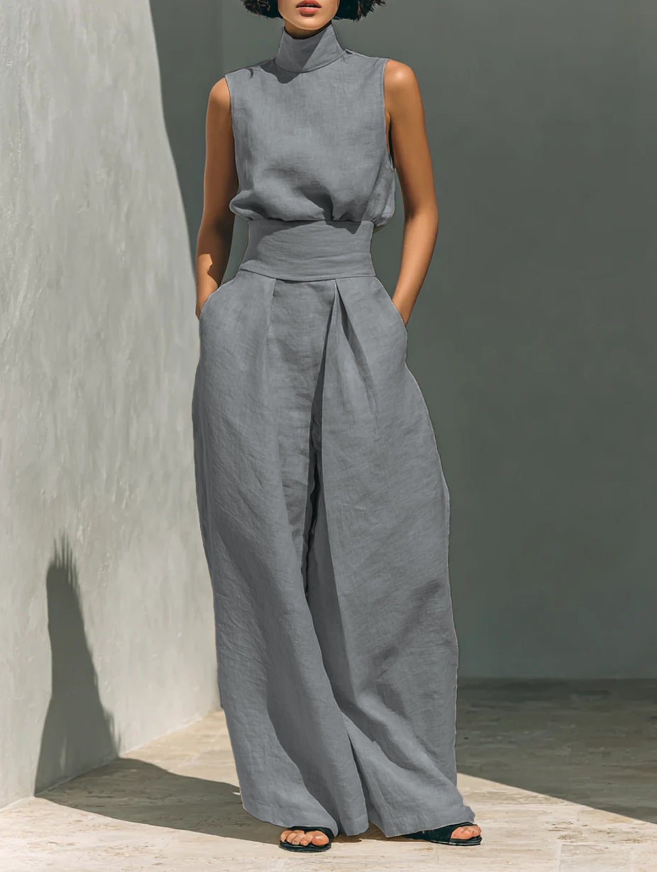 Nadia Serrano | Linen-Look Turtleneck Top & Wide-Leg Trouser Set