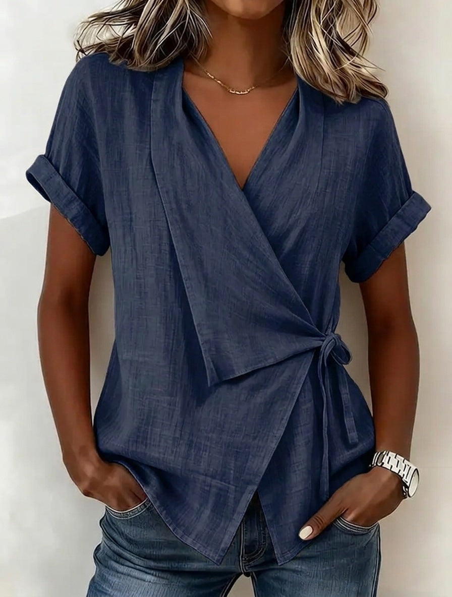Camille Rousseau | Linen Wrap Blouse with Tie Waist