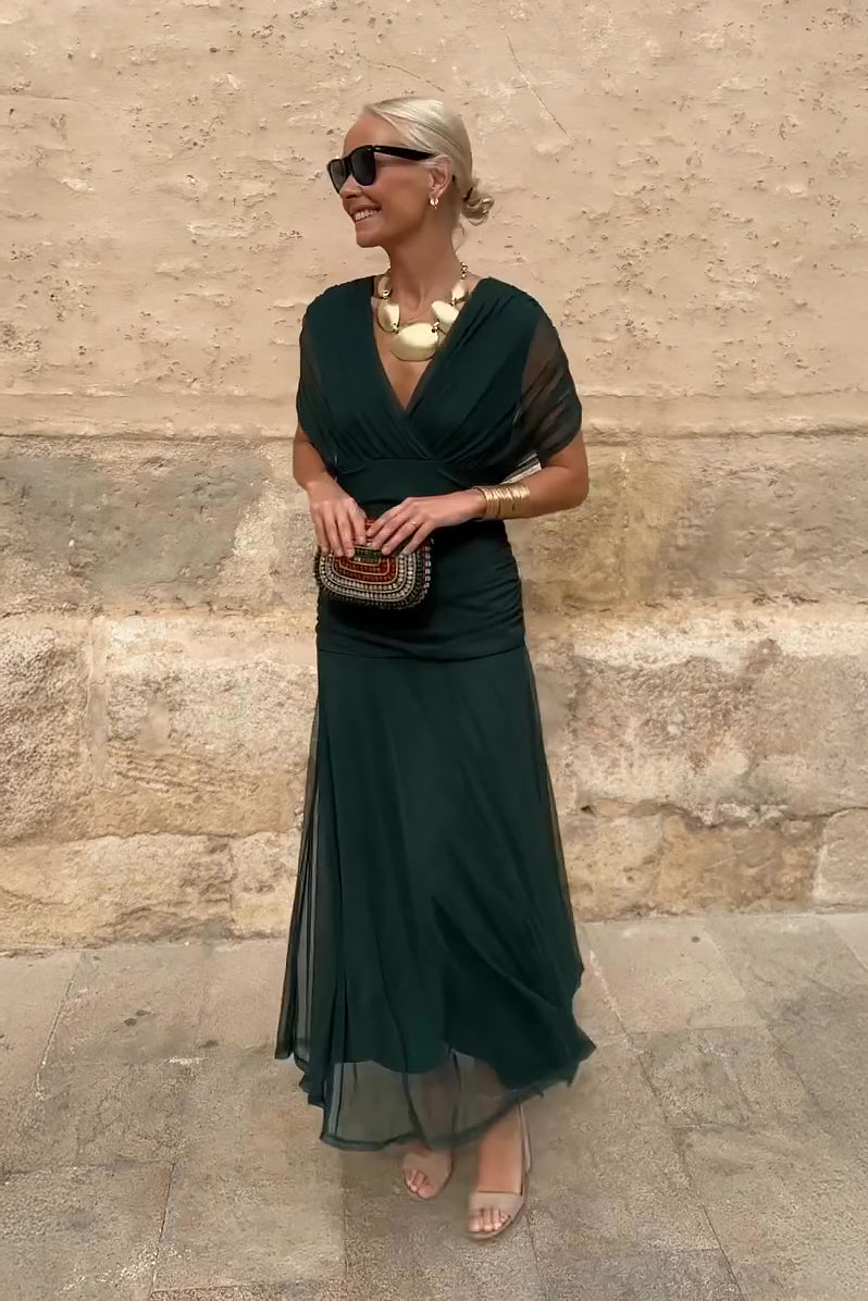 Philippa Clarke | Emerald Green V-Neck Maxi Dress with Sheer Overlay