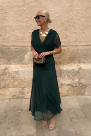 Philippa Clarke | Emerald Green V-Neck Maxi Dress with Sheer Overlay