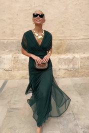 Philippa Clarke | Emerald Green V-Neck Maxi Dress with Sheer Overlay