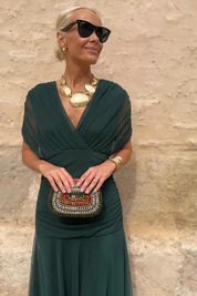 Philippa Clarke | Emerald Green V-Neck Maxi Dress with Sheer Overlay