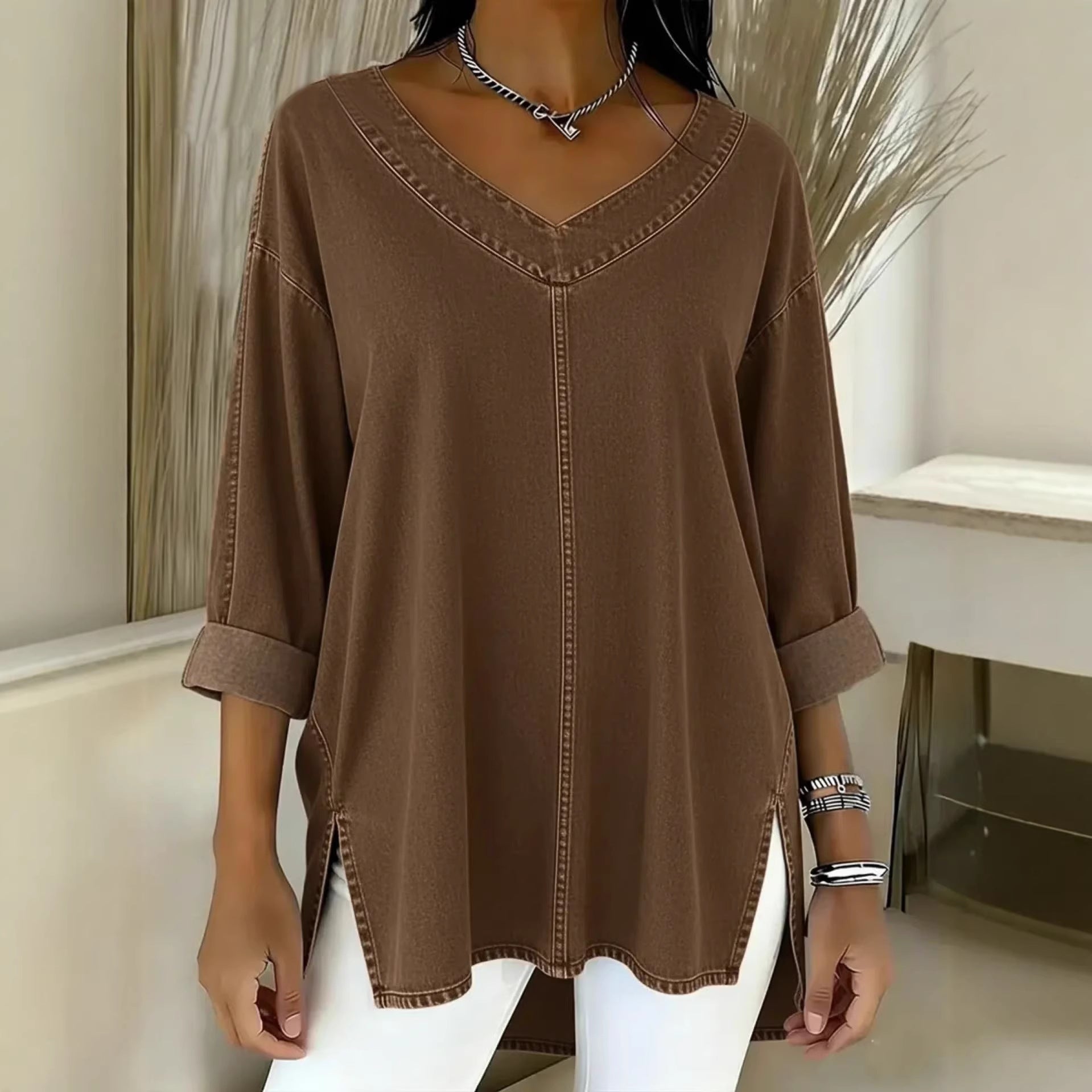 Saoirse Callahan | Washed Denim V-Neck Tunic Top with Side Splits